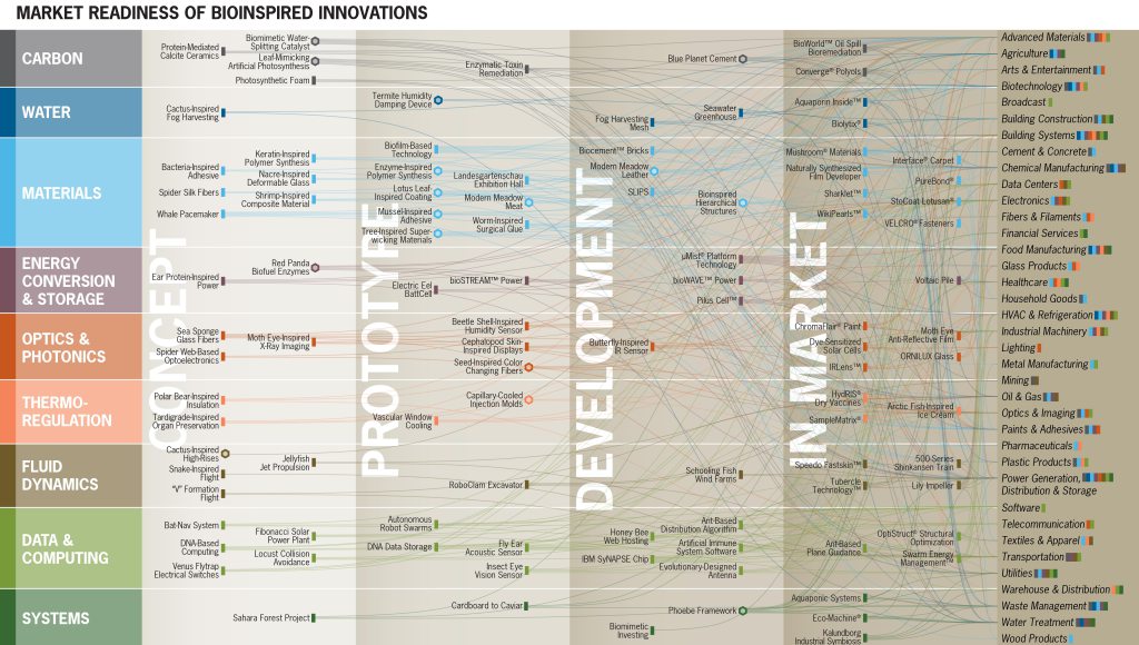 Biomimetic innovation impacts many major industries. This interactive chart (explore it here) illustrates the market readiness of over 100 bioinspired innovations. Credit: Terrapin Bright Green